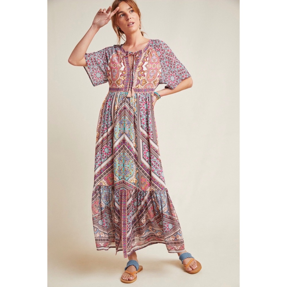 Kachel Maxi Dress Womens Medium Multicolor Paisley Floral Boho Tassel Tiered